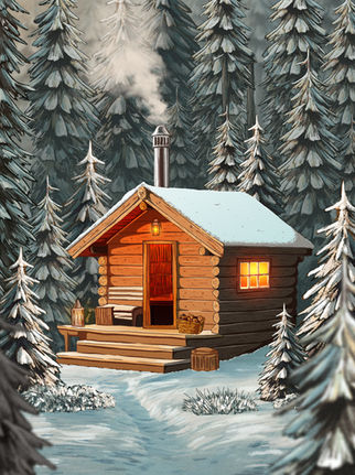 Illustration of steamy finnish wooden sauna in snowy woodland