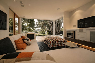 Open plan lounge area with fireplace, opening up to outdoor area