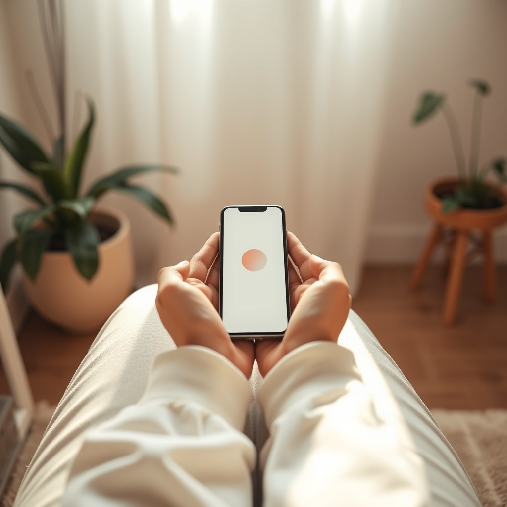 A serene, photorealistic image of a person's hands resting peacefully on their lap in a qu
