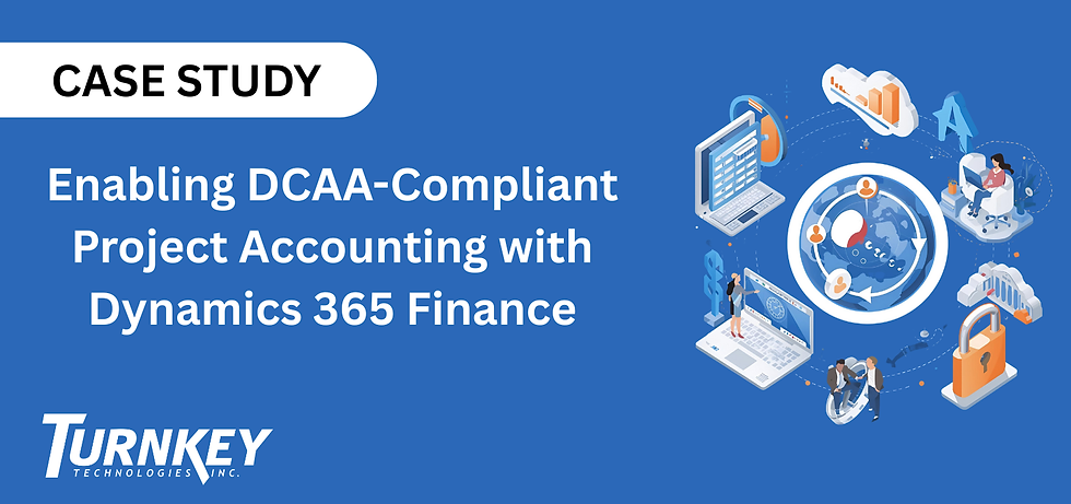 Case study image with "Enabling DCAA-Compliant Project Accounting with Dynamics 365 Finance" text, digital icons, and a blue background.