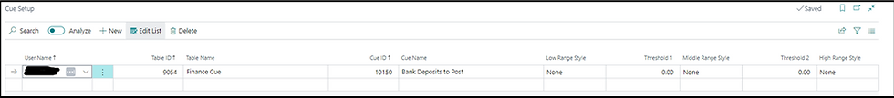 Spreadsheet interface showing a finance cue setup with user, table, and cue IDs. Text includes "Finance Cue" and "Bank Deposits to Post."