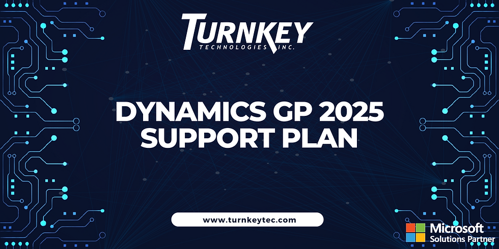 Dark circuit board background featuring 'Turnkey Technologies Inc.' and 'Dynamics GP 2025 Support Plan' text in white, with website and Microsoft logo included—visual emphasizing Maximizing Your Dynamics GP Investment.