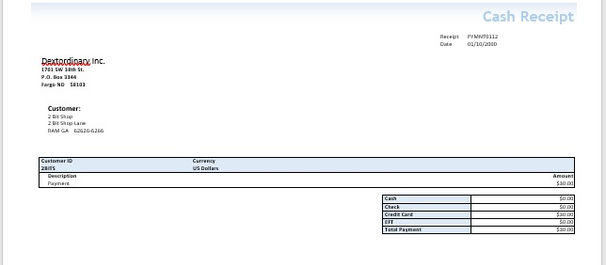 Cash receipt template generated in Microsoft Dynamics GP, illustrating customer payment details and transaction fields, used as part of the Dynamics GP October 2022 Release enhancements.