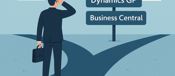 A man in a suit holds a briefcase at a crossroads, pondering signposts labeled Dynamics GP and Business Central, set against a blue sky.
