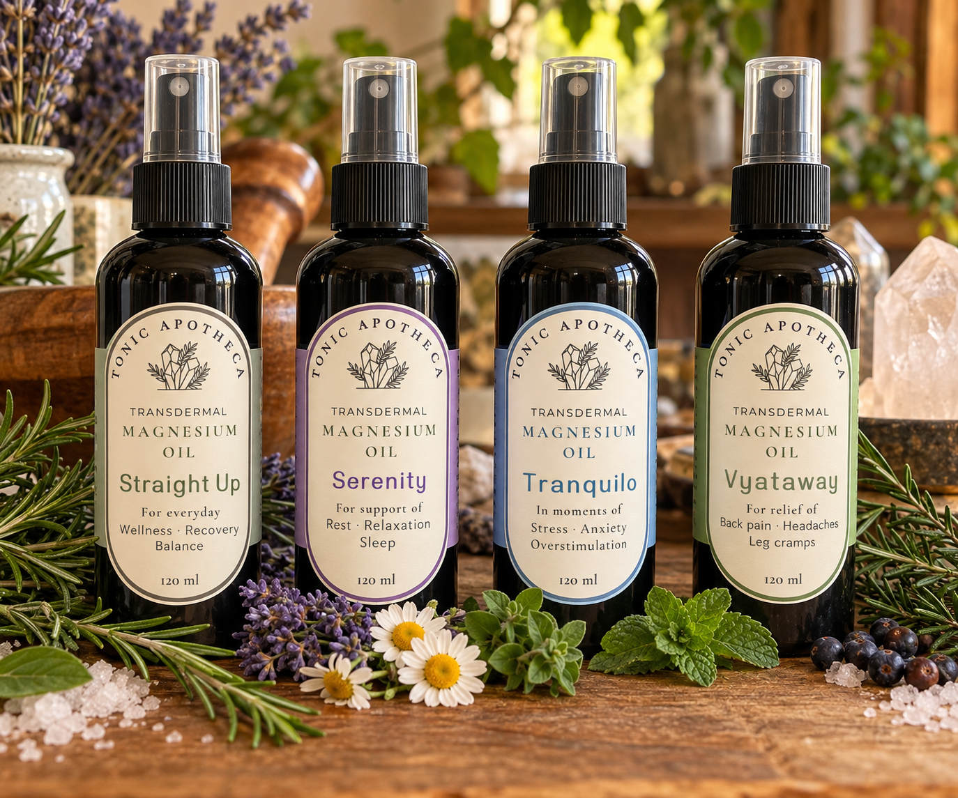 Tonic Apotheca transdermal Magnesium Oil sprays in four botanical blends