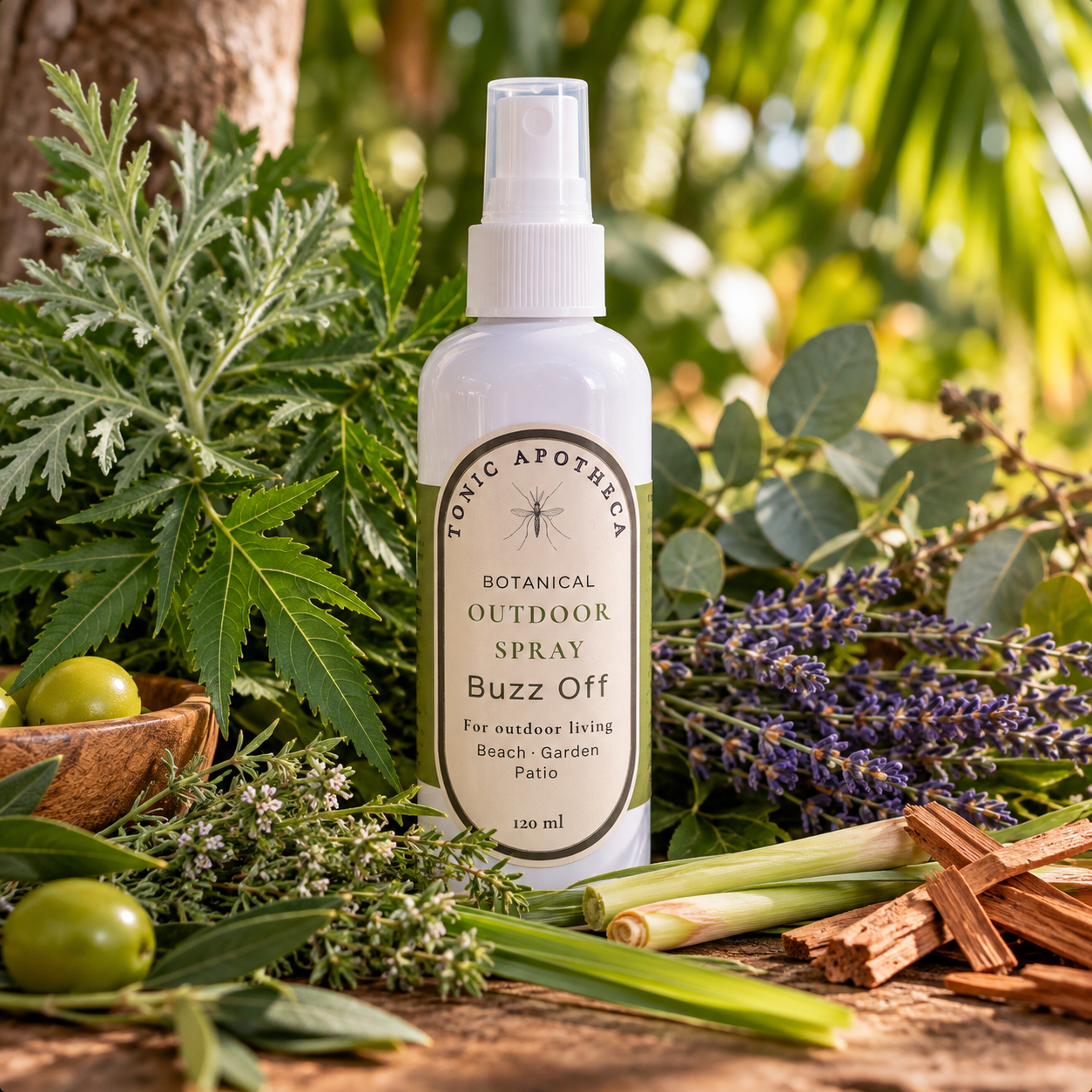 Buzz Off natural botanical outdoor spray in tropical botanical setting
