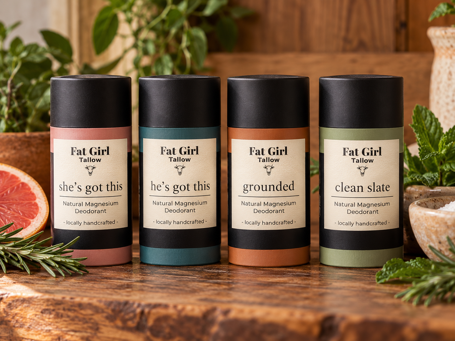 Four FatGirl Tallow natural magnesium deodorants in four scents