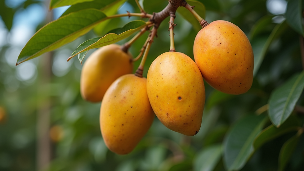 Eye-level view of ripe mangoes hanging on a tree branch