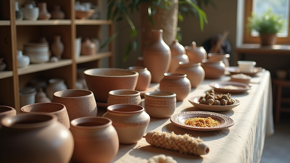 High angle view of a display table with artisanal pottery and handmade crafts