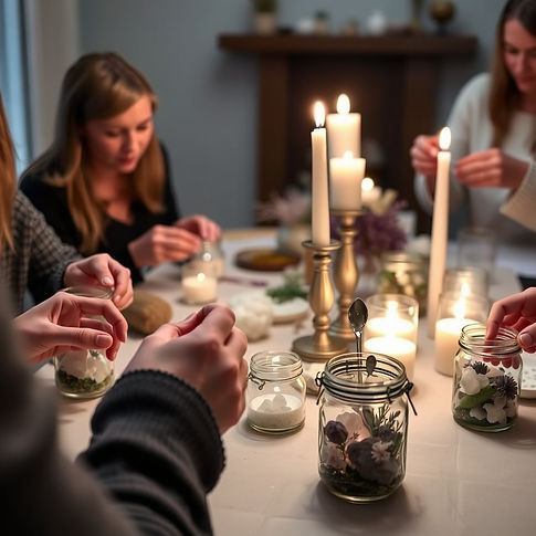 people making small jars filled with crystals and botanicals around a candle-lit table.jpg