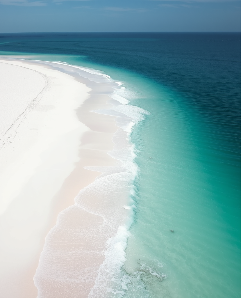 White sand beach and emerald color water.