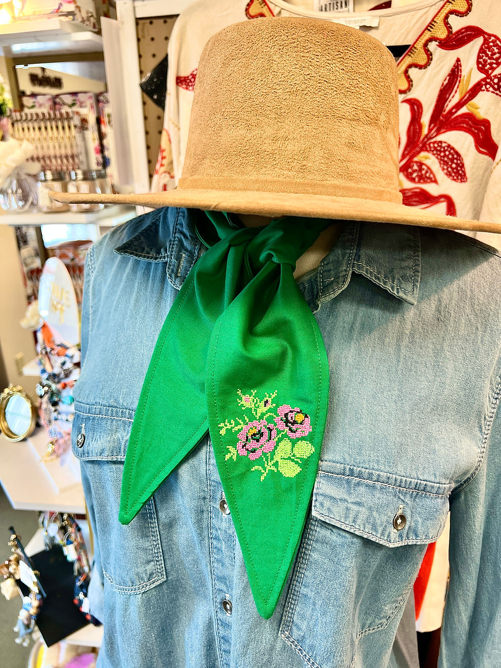 Thumbnail: Cross Stitched Embroidered Rose Ascot Scarves (SOLD IN CASE OF 2)