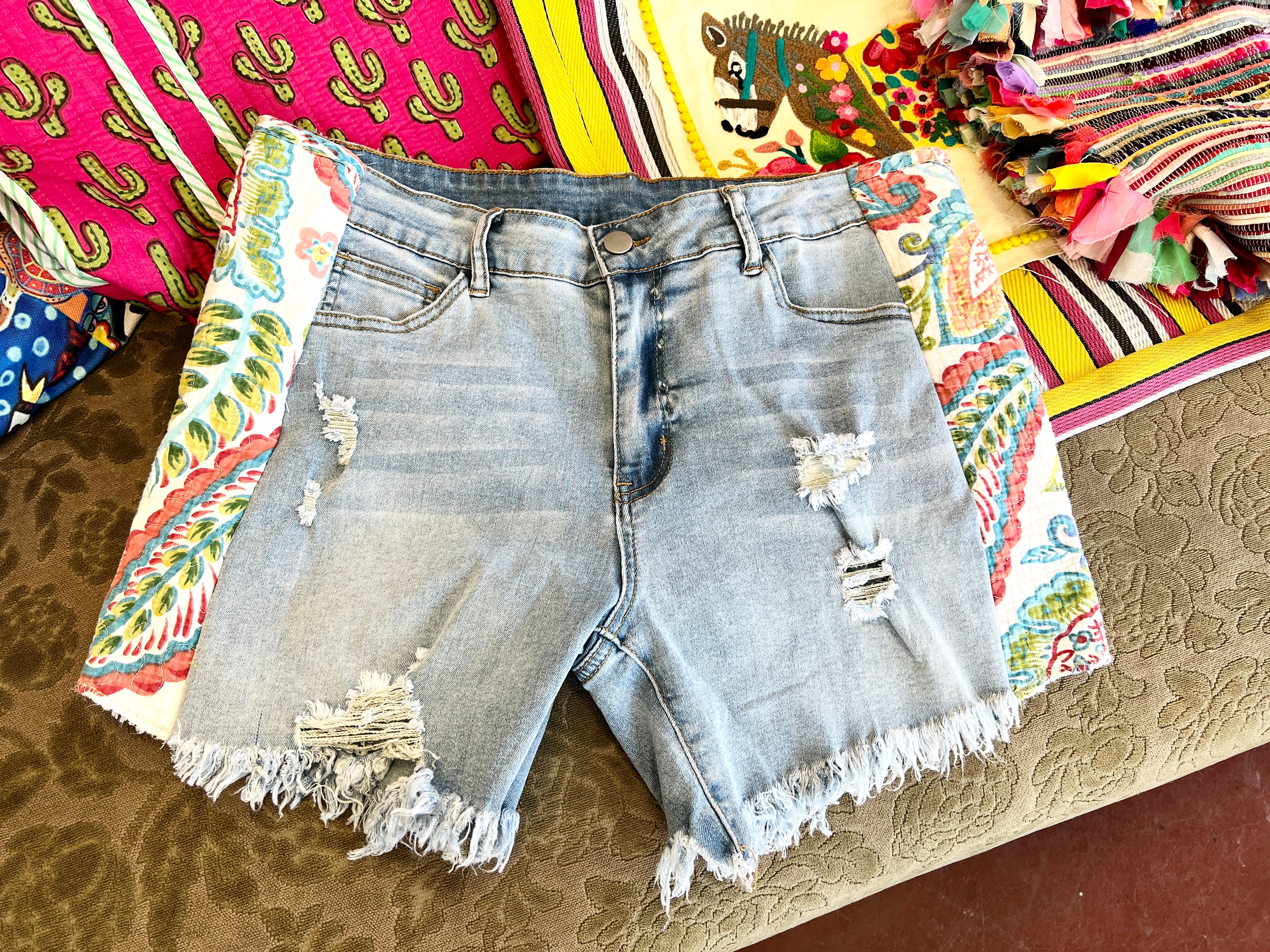 Quilted Distressed Denim Shorts  -  35 inch Waist (Style#1)