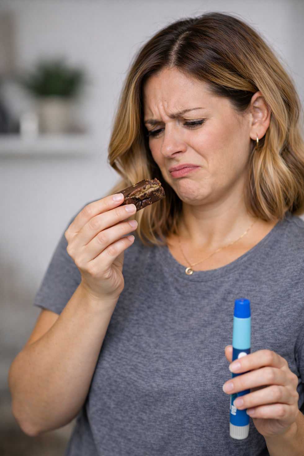 Eye-level view of a simple plate with a small portion of food on a wooden table
