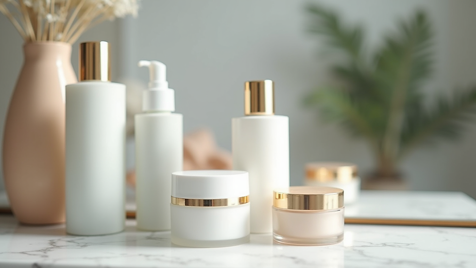 Close-up view of a collection of skincare products on a marble countertop
