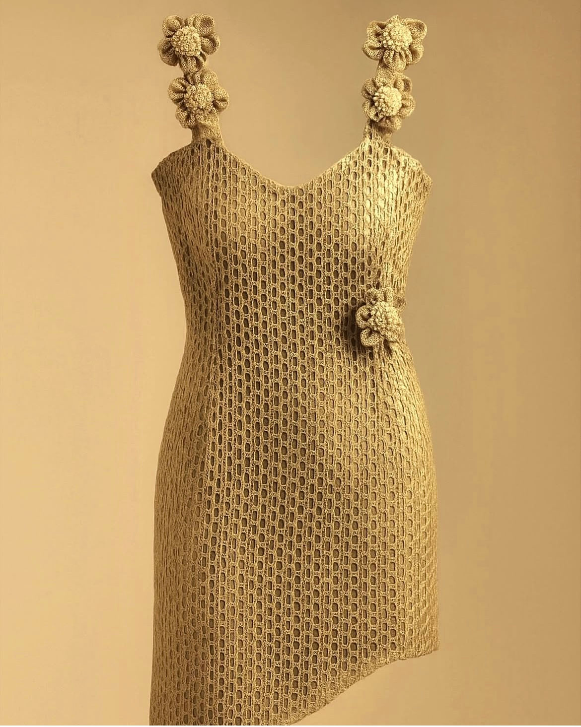 Summer gold crochet, asymmetric dress