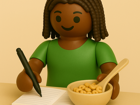 Toy figure with brown skin and green shirt writing in a notebook, beside a bowl of cereal on a beige background. Smiling, cheerful mood.