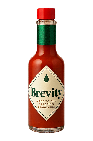 A small glass bottle that looks like Tabasco sauce. The label says 'Brevity'.