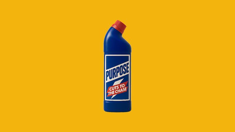 A blue bottle - that looks like a bottle of bleach. The label says 'Purpose: cuts to the chase'.