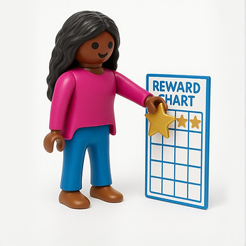 A female Playmobil-style character putting a gold star on a reward chart