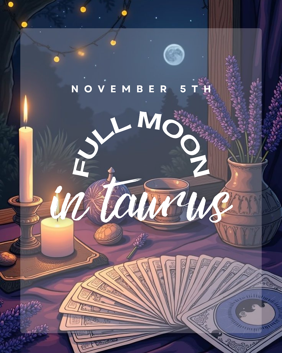 Full Moon in Taurus ritual scene with candles, tarot cards, lavender, and full moon shining through the window, evoking grounding energy and reflection for Taurus full moon on November 5th.