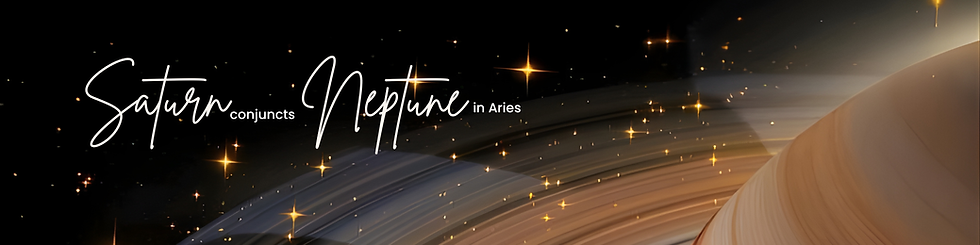 Saturn Conjunct Neptune in Aries - Space background with swirling rings of Saturn and twinkling stars.