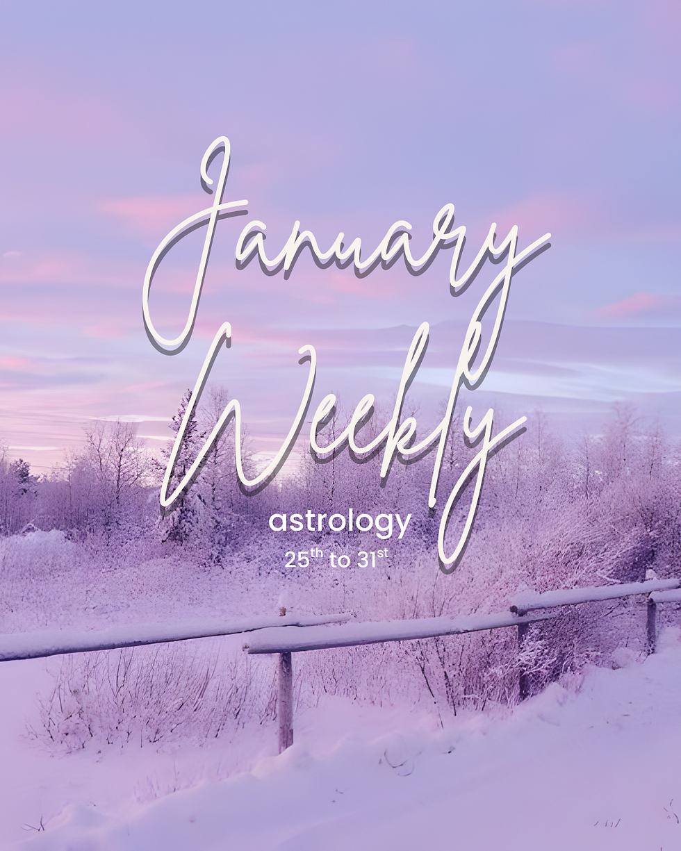 January weekly astrology graphic with pastel purple winter landscape and text ‘January Weekly astrology 25th to 31st’.