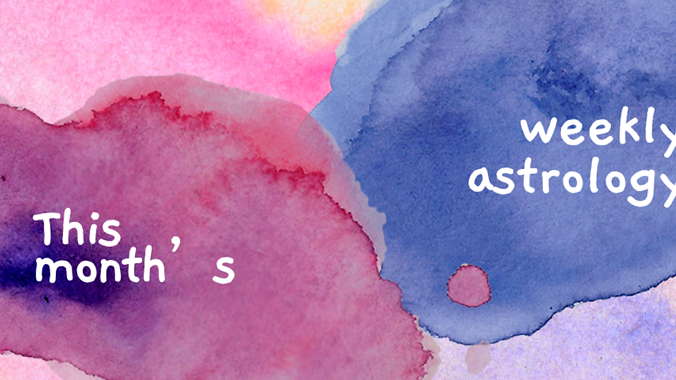 Watercolour background banner with pink and blue tones featuring text “This month’s weekly astrology”