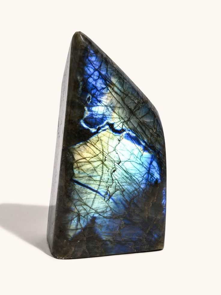 Polished labradorite crystal standing upright, showing vivid blue and green iridescent flashes against a neutral background.