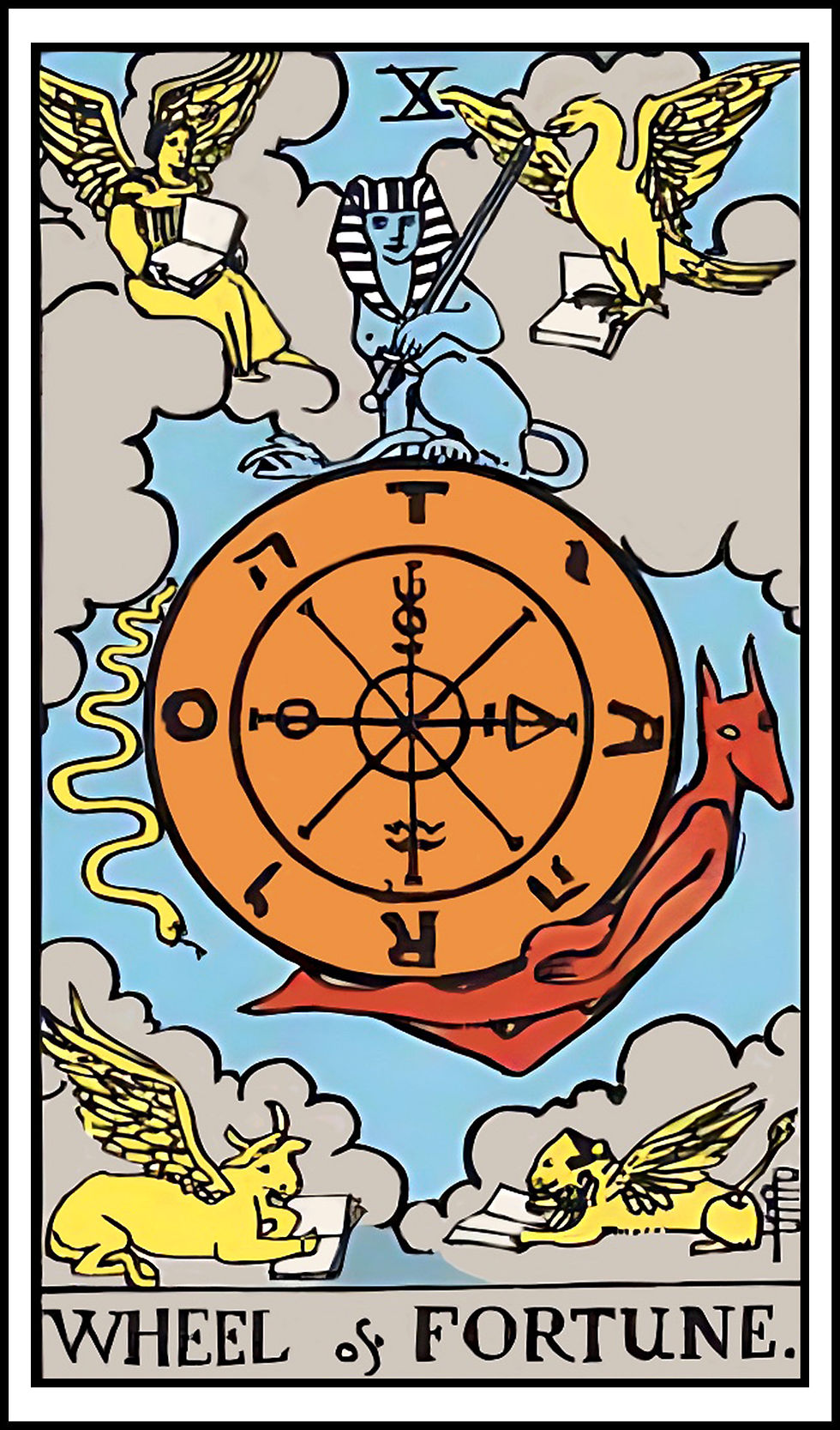 Wheel of Fortune tarot card with sphinx, winged figures, snake, and red jackal around an orange wheel in the clouds.