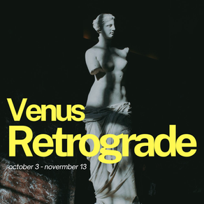 "Venus Retrograde October 3 to November 13, 2026, featuring a classical Venus statue against a dark background with bold yellow typography."