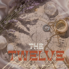 The Twelve Astrology Houses blog cover featuring an astrological chart, lavender flowers, crystals, and gold jewelry on a neutral background.