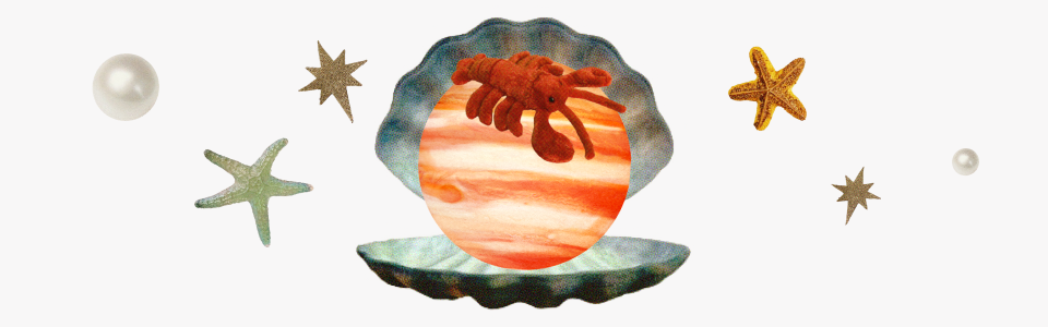 Whimsical digital collage of Jupiter inside a seashell with a crab figure on top, surrounded by starfish, pearls, and stars; representing the astrological blend of Jupiter’s expansion with Cancer’s nurturing sea energy.