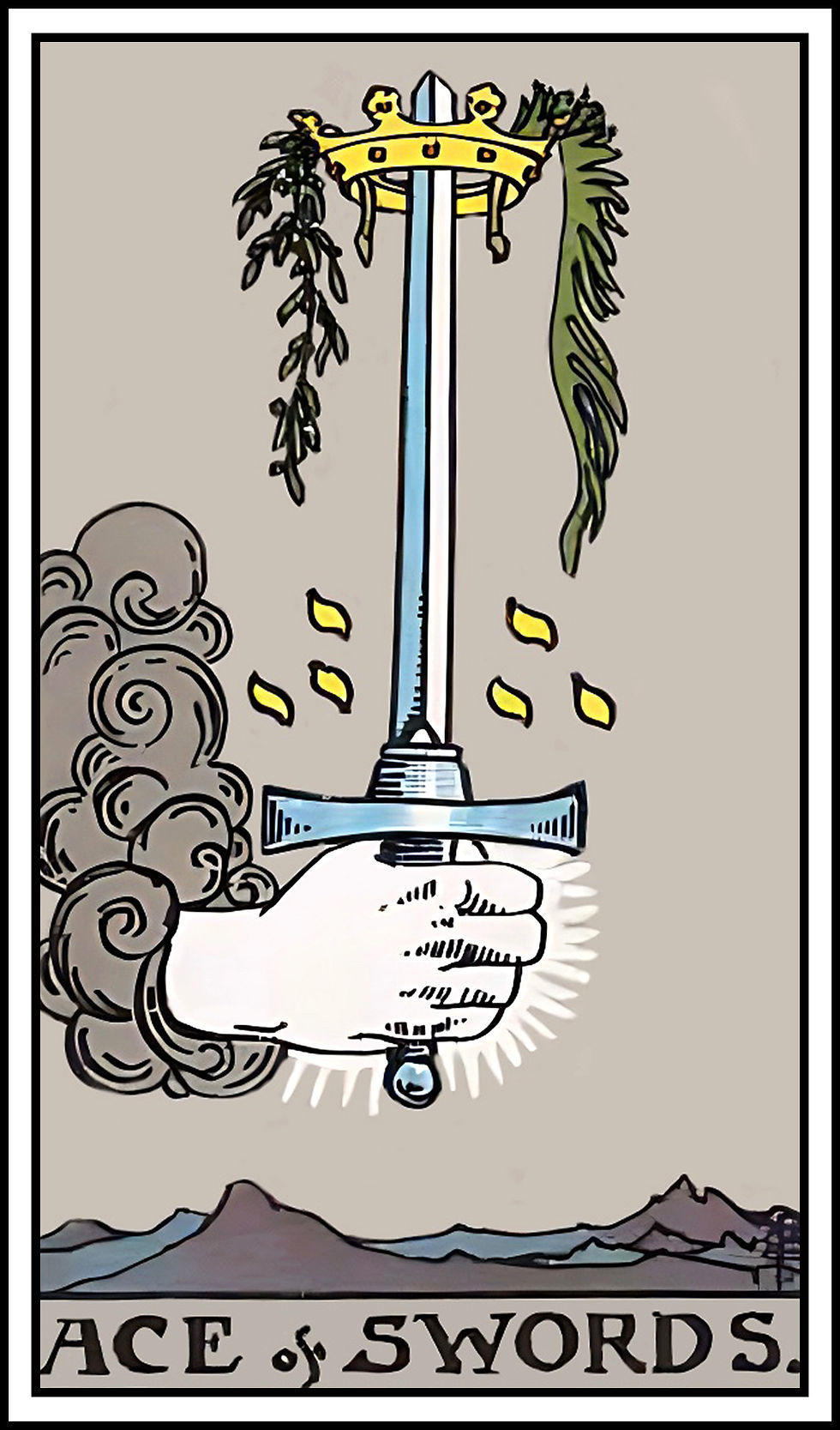Ace of Swords tarot card featuring a hand holding an upright sword crowned with a golden wreath, symbolising clarity, truth, breakthroughs, and mental focus.