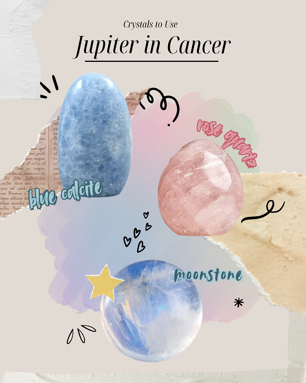 Collage-style image showcasing blue calcite, rose quartz, and moonstone crystals with handwritten labels, highlighting supportive crystals for the Jupiter in Cancer transit and emotional healing.