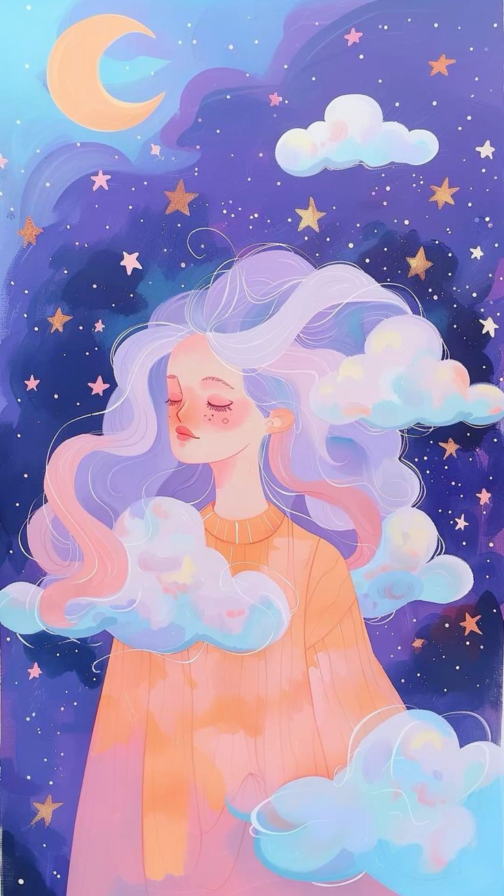 Dreamy pastel night sky illustration of a girl with lavender hair and closed eyes floating in clouds, with crescent moon and stars