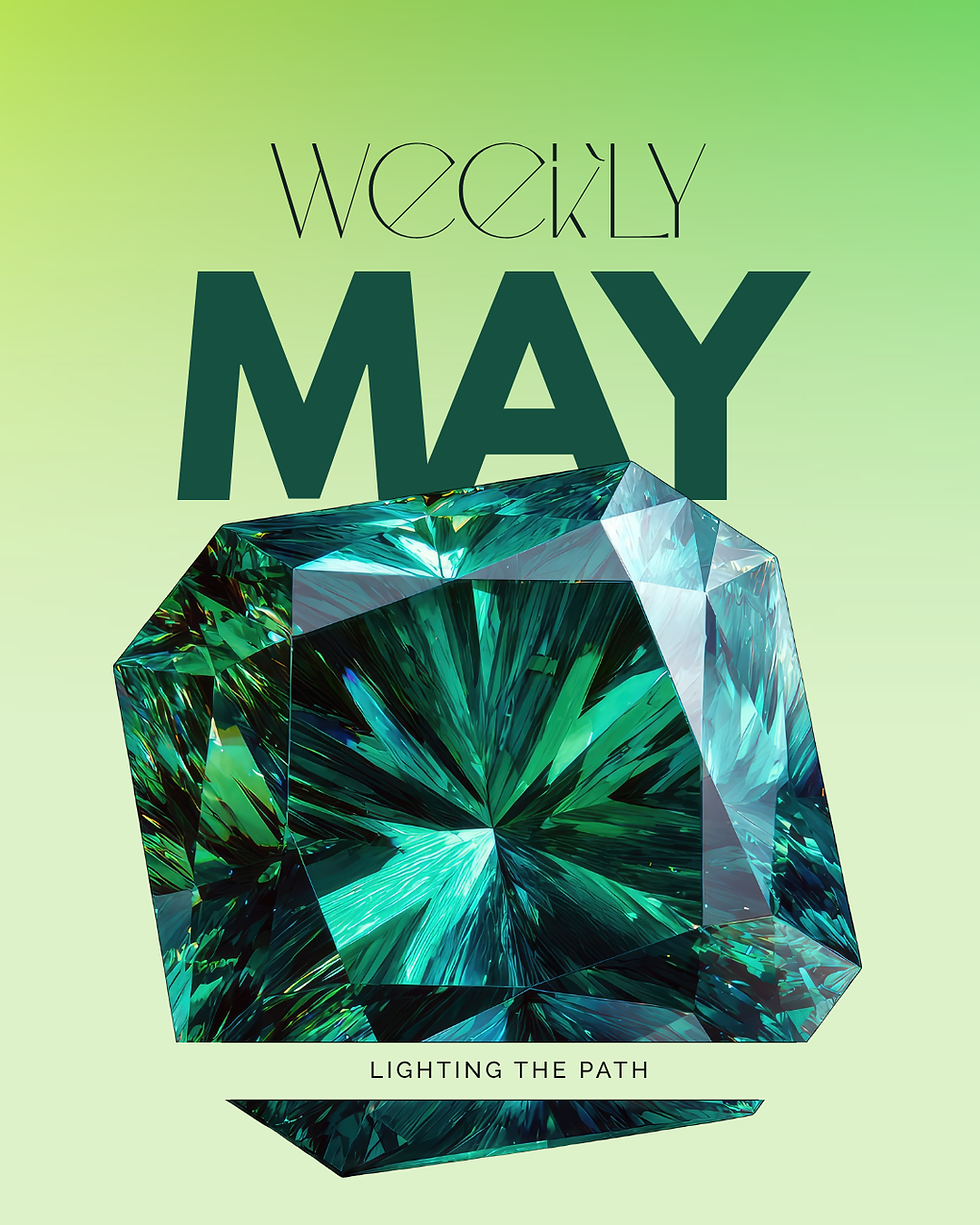 Weekly May crystal feature showing a green gemstone on a gradient background with text “Weekly May Lighting the Path”