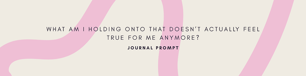 Journal prompt graphic asking what no longer feels true with soft beige background and pink abstract lines