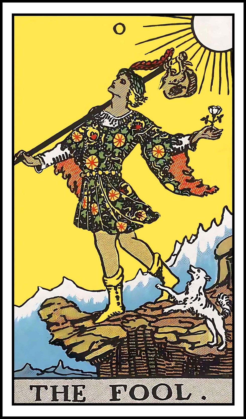The Fool tarot card from the Rider–Waite deck, showing a traveler with a small dog near a cliff under a bright sun.