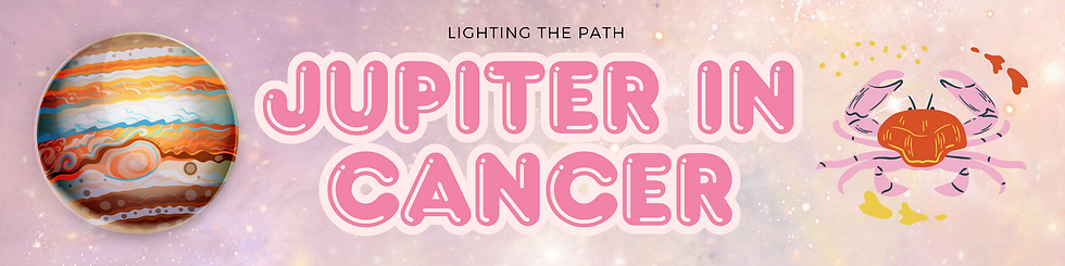 Illustrated banner featuring the planet Jupiter and a pink crab, with the text "Jupiter in Cancer" in bold, bubble-style letters; themed around astrology and the emotional, nurturing energy of Jupiter in Cancer.