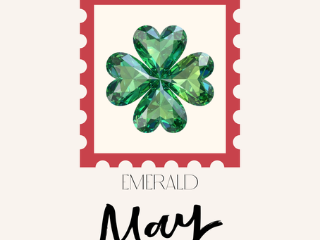 Emerald gemstone May birthstone illustration with decorative frame and “May” lettering for astrology or crystal theme
