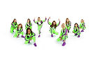 Kids hip hop competition team wearing bright green sweat suits and purple sneakers