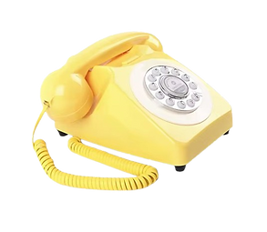 Bright yellow retro rotary telephone with a coiled cord and classic dial, styled as a vintage audio guestbook phone on a transparent background.