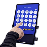 Hand selecting a theme on a tablet screen with multiple caricature style icons, branded CaricatureAI.