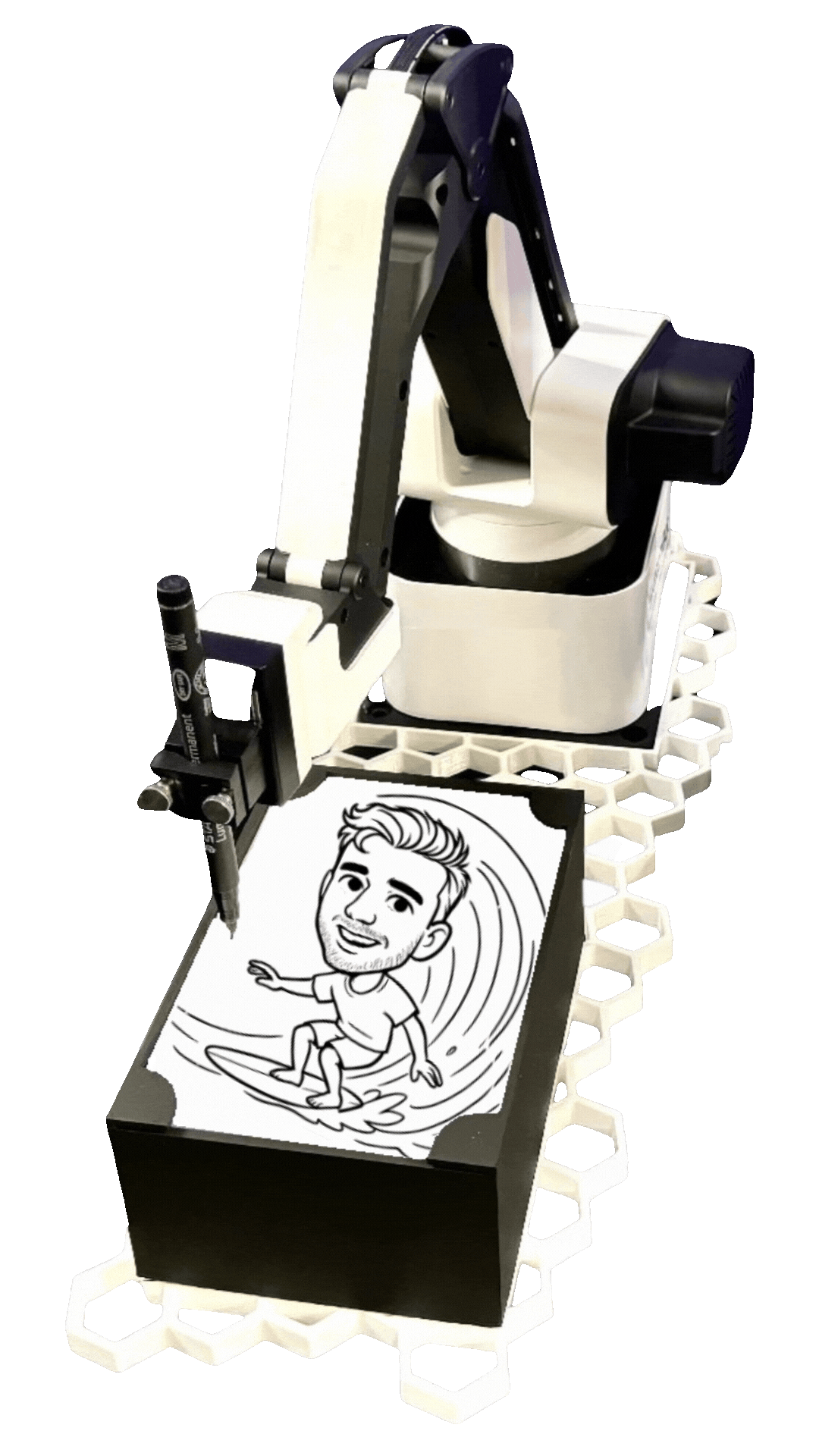 AI-powered robotic arm drawing a live caricature sketch of a person at an event.