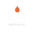 Lit Photo Booth logo on a black background with white “Lit” lettering, an orange flame icon above the letter “i,” and the words “PHOTO BOOTH” in white uppercase text below.