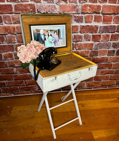 Vintage Black Audio Guestbook on antique suitcase with slideshow on back