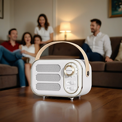 Family listening to mini radio