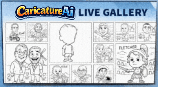Television screen displaying a live slideshow of AI-generated caricature sketches in a gallery layout, branded ‘CaricatureAI Live Gallery,’ showing multiple cartoon portraits updating in real time.