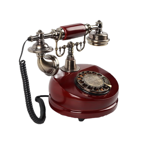 Antique mahogany rotary telephone with brass and chrome accents, coiled cord, and classic dial, styled as a vintage audio guestbook phone for weddings and events.